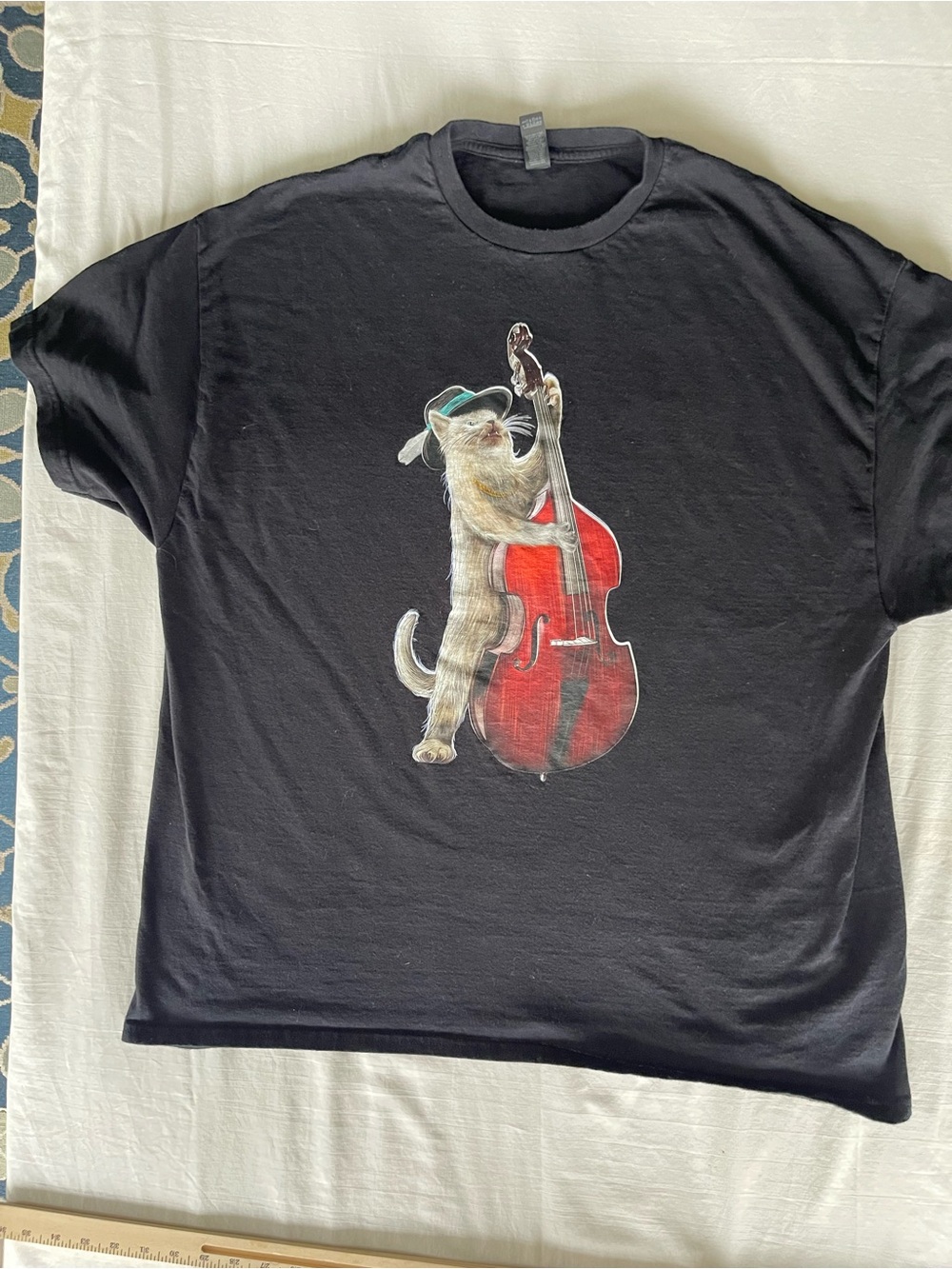 Gildan Black Tee with Cat Playing Red Double Bass Graphic
